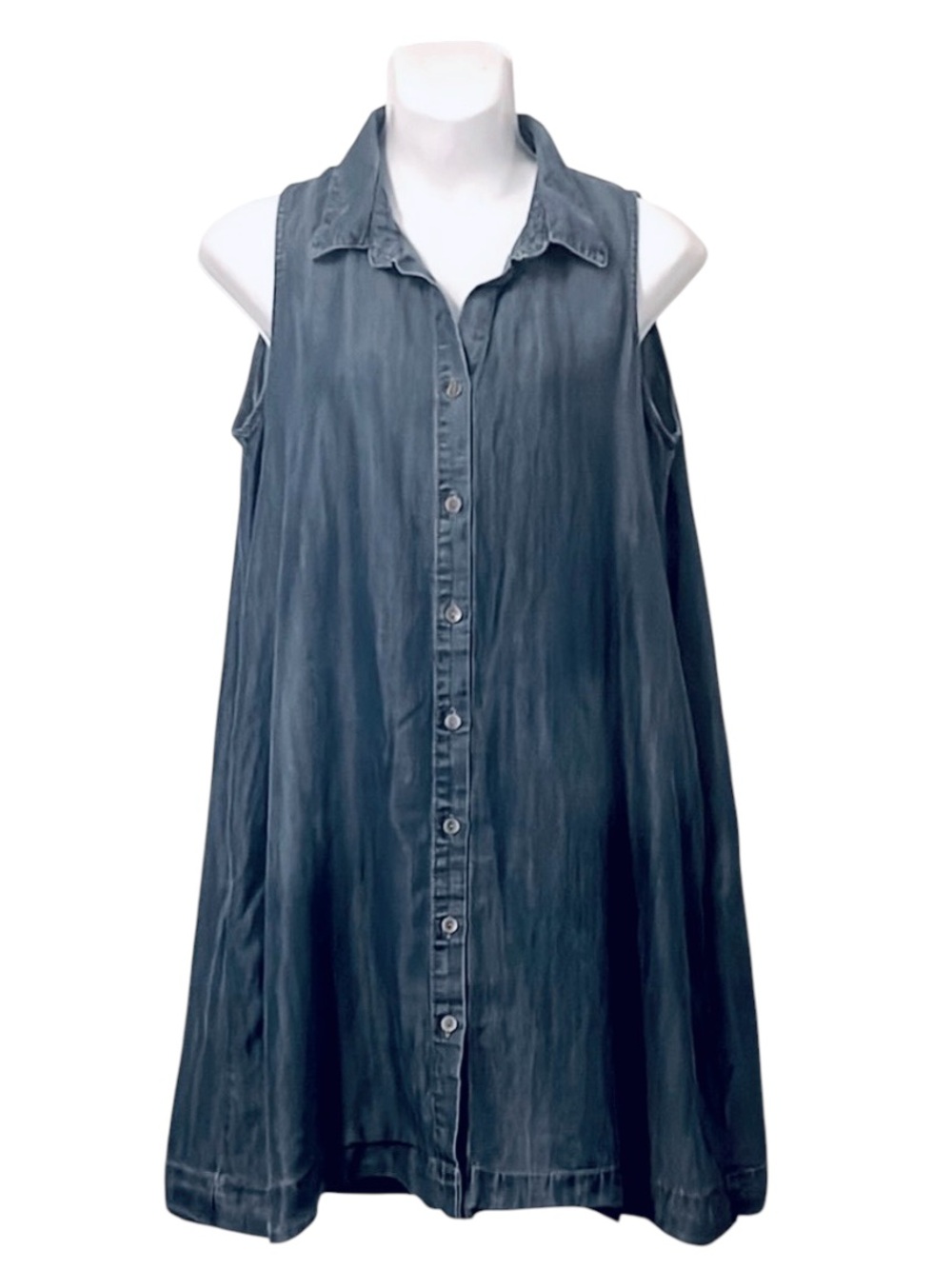 Sleeveless Button Down Blue Tencel Faded Denim Collared Casual Dress L